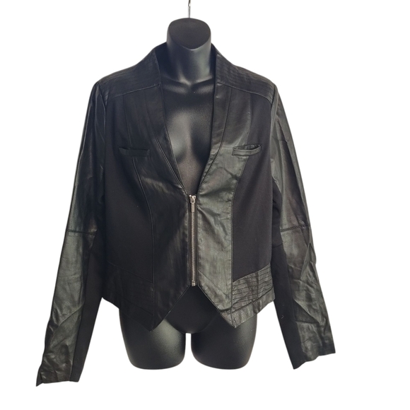 Be By Blanc Noir Women's Black Faux Leather knit Trim V-Neck Jacket Size M - Picture 1 of 7